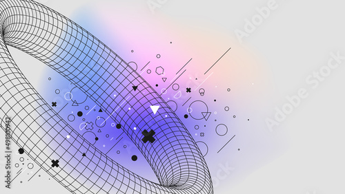 Torus vaporwave abstract gradient background mathematic 3d structure physical figures, Vector posters with strange wireframes of geometric shapes modern design inspired by brutalism