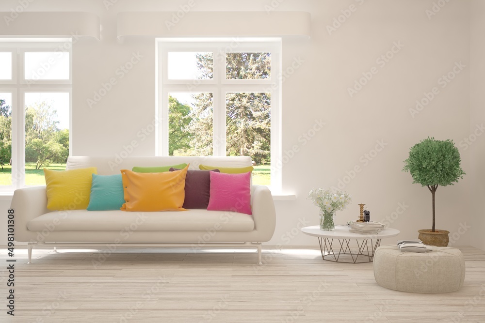 White living room with sofa and summer landscape in window. Scandinavian interior design. 3D illustration White living room with sofa and summer landscape in window. Scandinavian interior design. 3D illustration
