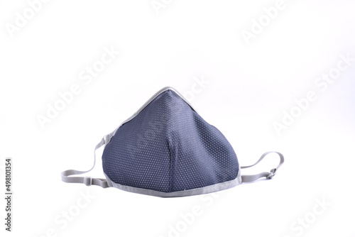 Blue-gray medical face mask on a white background.