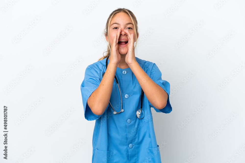 Little caucasian girl disguised as surgeon isolated on white background shouting and announcing something Little caucasian girl disguised as surgeon isolated on white background shouting and announcing something