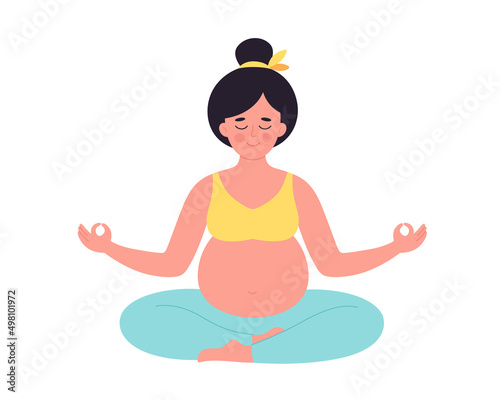 Pregnant woman meditating in lotus pose. Healthy pregnancy, yoga, relax, breathing exercise. Hand drawn vector illustration