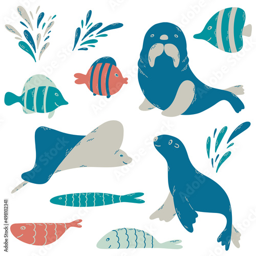 Fish and wild marine animals are isolated on white background. Inhabitants of the sea world, cute, funny underwater creatures: fishes, stingray, fur seal and splash. Flat outline cartoon illustration. photo