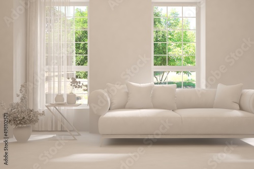 White living room with sofa and summer landscape in window. Scandinavian interior design. 3D illustration