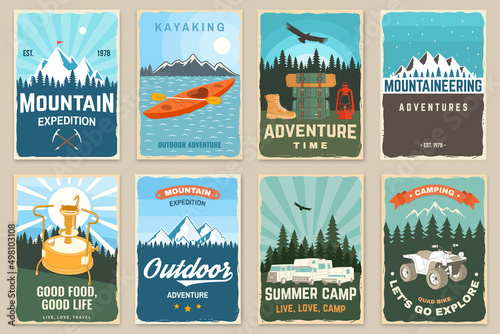 Set of camping retro posters. Vector. Outdoor adventure. Vintage typography design with backpack, motor home, camping tent, trailer, forest and camper silhouette.
