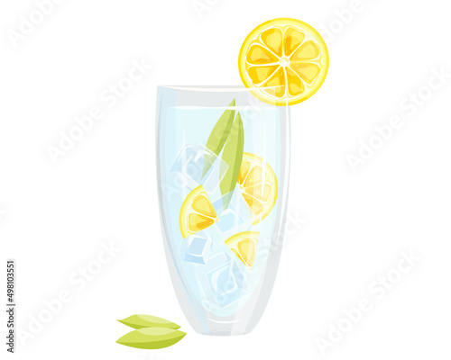 A glass of water with lemon slices and ice cubes, Vector illustration for web advertising,cafe.the poster. The concept of lemon water.