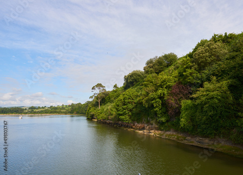 A river with vegetation along its banks under a cloudy sky