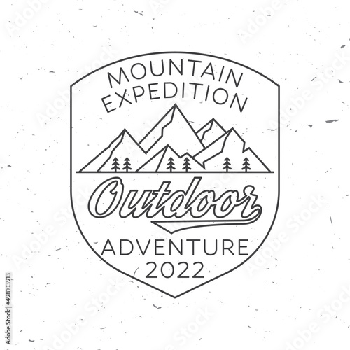 Mountain expedition badge. Vector illustration. Concept for shirt or logo, print, stamp or tee. Vintage line art design with mountain.