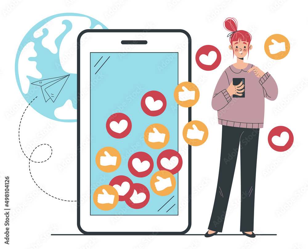 Woman blogger character get social media reactions. Vector flat graphic design cartoon illustration Woman blogger character get social media reactions. Vector flat graphic design cartoon illustration
