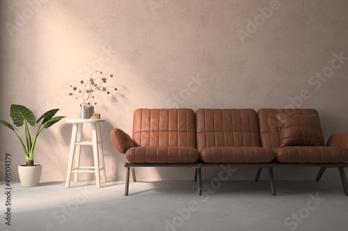 Interior design with leather sofa. 3D illustration