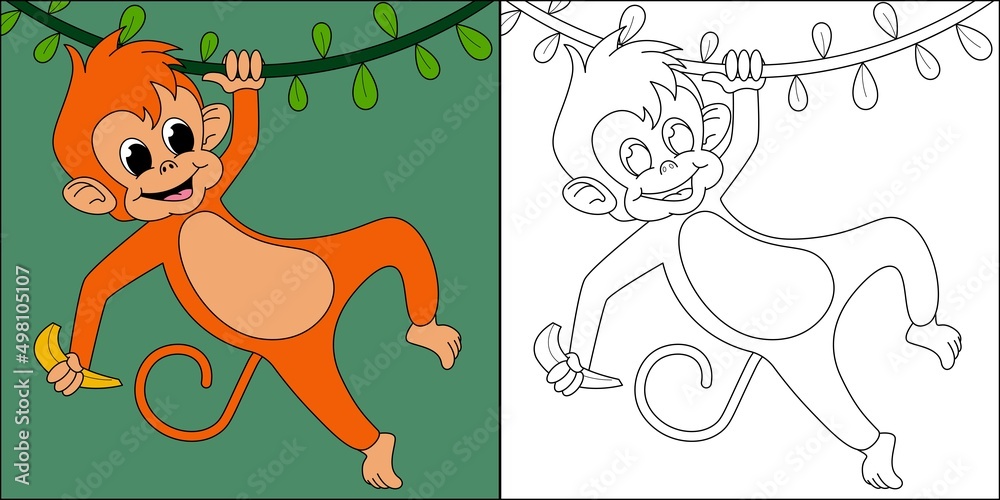 Monkey holding banana suitable for children's coloring page vector ...