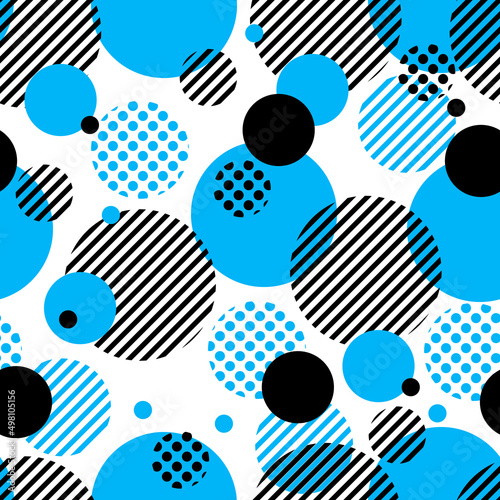 Seamless vector pattern background with circles, stripes, dots. Abstract background with round radial elements. Blue color