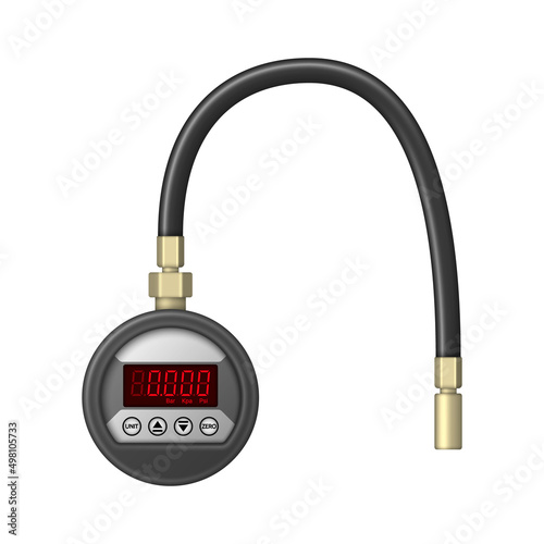 Digital pressure gauge with flexible hose isolated on white background. Device for measuring pressure. Vector illustration.