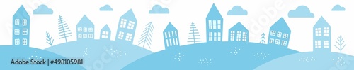 European Christmas houses hand-drawn, horizontal vector illustration