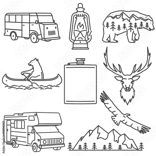 Camping Icons. Line art design- stock vector. For shirt or logo, print, stamp or tee.