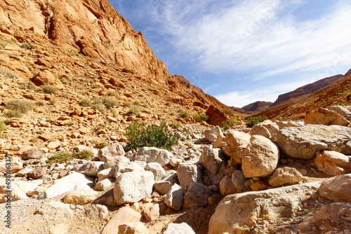 Rocky red slopes of Todra Gorge in the High Atlas near the Tinghir   ( Tinerhir ) town. Morocco, Africa