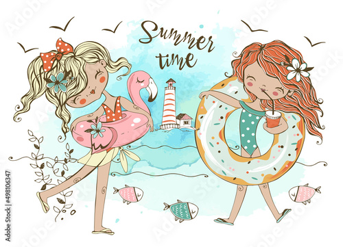 Cute teenage girls relax on the beach, swim and sunbathe. Summer time. Vector