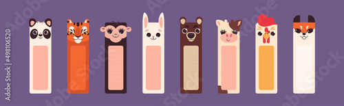 Bookmarks or stickers with cute square animal faces for children school book. Rectangular vertical paper sticky notes collection with funny head of wild and farm animals in flat style.