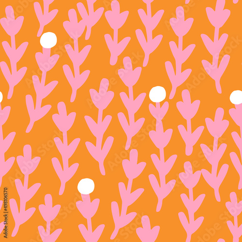 Seamless floral pattern with abstract hand drawn branches. Orange and pink florals background. Perfect for fabric design, wallpaper, apparel. Vector illustration