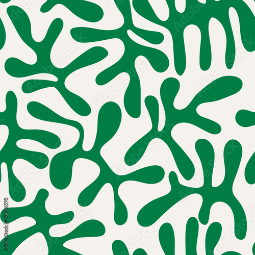 Seamless floral pattern with abstract leaves in Matisse style.  Jungle green and summer background. Perfect for fabric design, wallpaper, apparel. Vector illustration