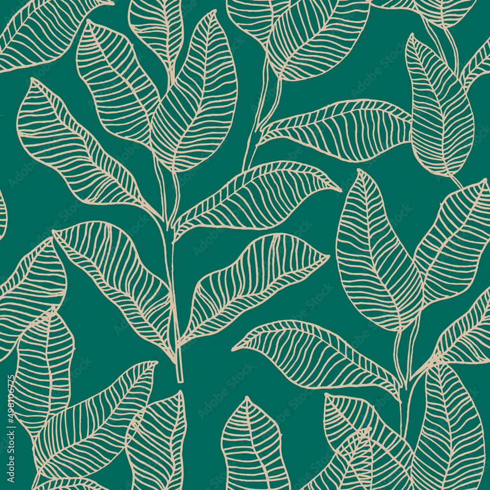 Seamless floral pattern with outlined banana leaves. Hand drawn jangle foliage texture. Vector illustration