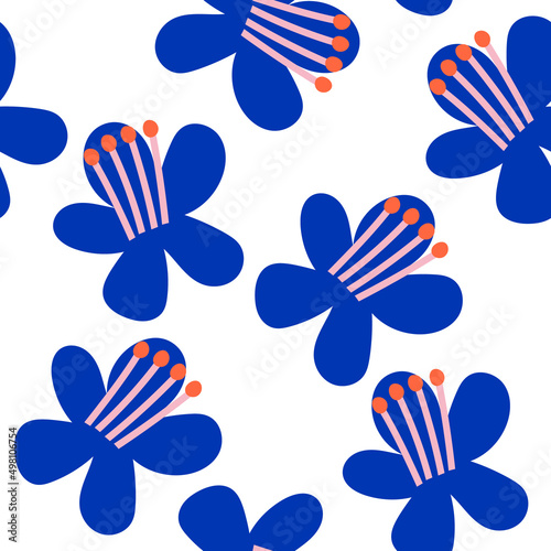 Seamless pattern with abstract minimal blue flowers. Floral  spring and summer background. Perfect for fabric design, wallpaper, apparel. Vector illustration