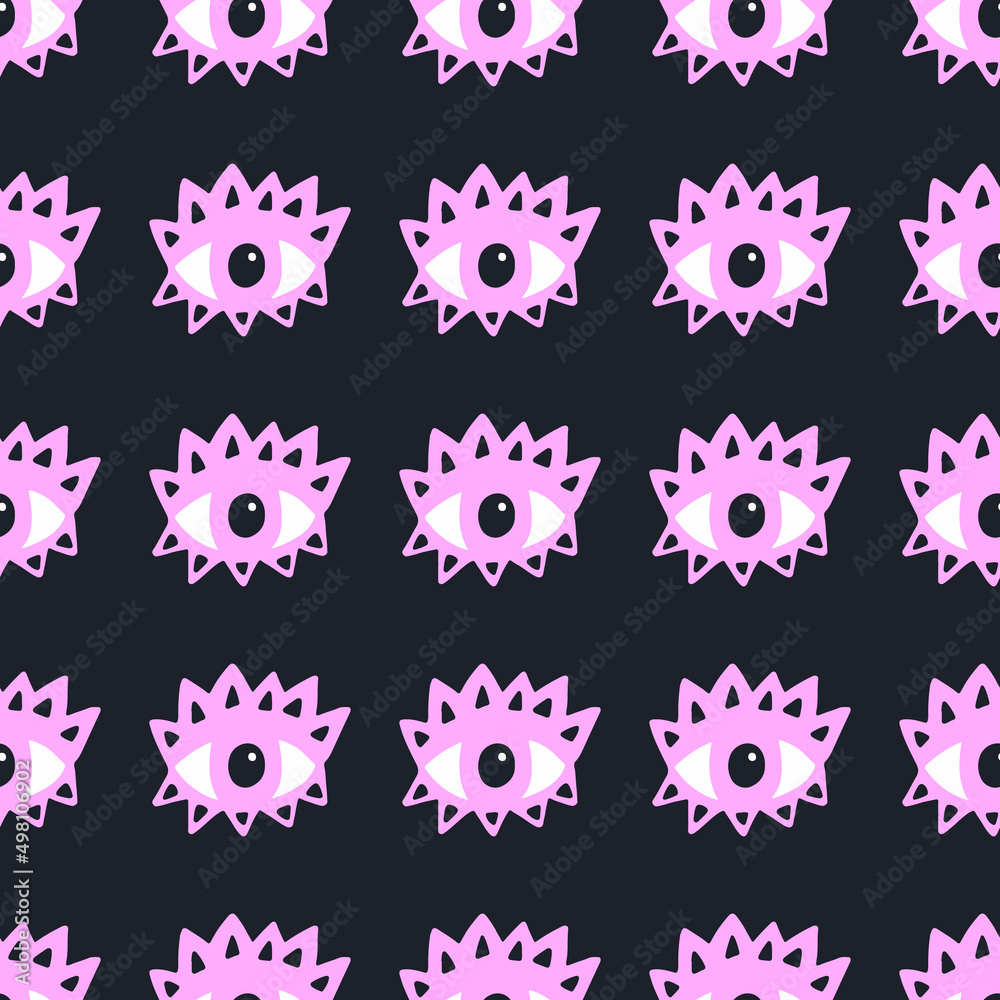 Seamless pattern with hand drawn eyes on black background. Abstract texture. Vector illustration