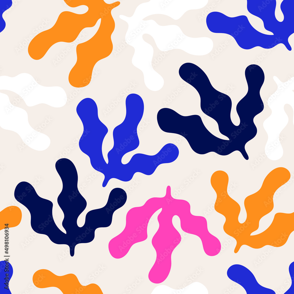 Seamless floral pattern with abstract leaves in Matisse style.  Jungle colourful and summer background. Perfect for fabric design, wallpaper, apparel. Vector illustration