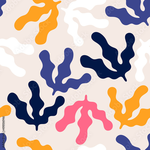 Seamless floral pattern with abstract leaves in Matisse style.  Jungle colourful and summer background. Perfect for fabric design, wallpaper, apparel. Vector illustration