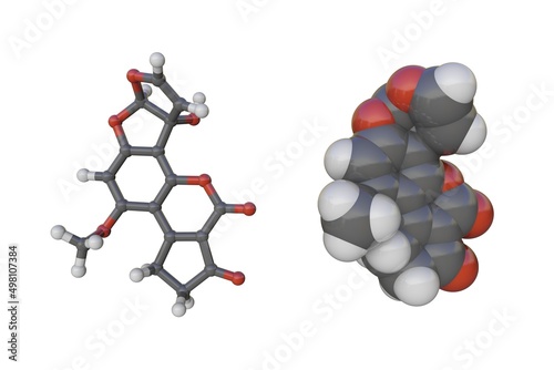 Molecular models of aflatoxin M1. Atoms are shown as spheres with conventional color coding: carbon (grey), oxygen (red), hydrogen (white). 3d illustration photo