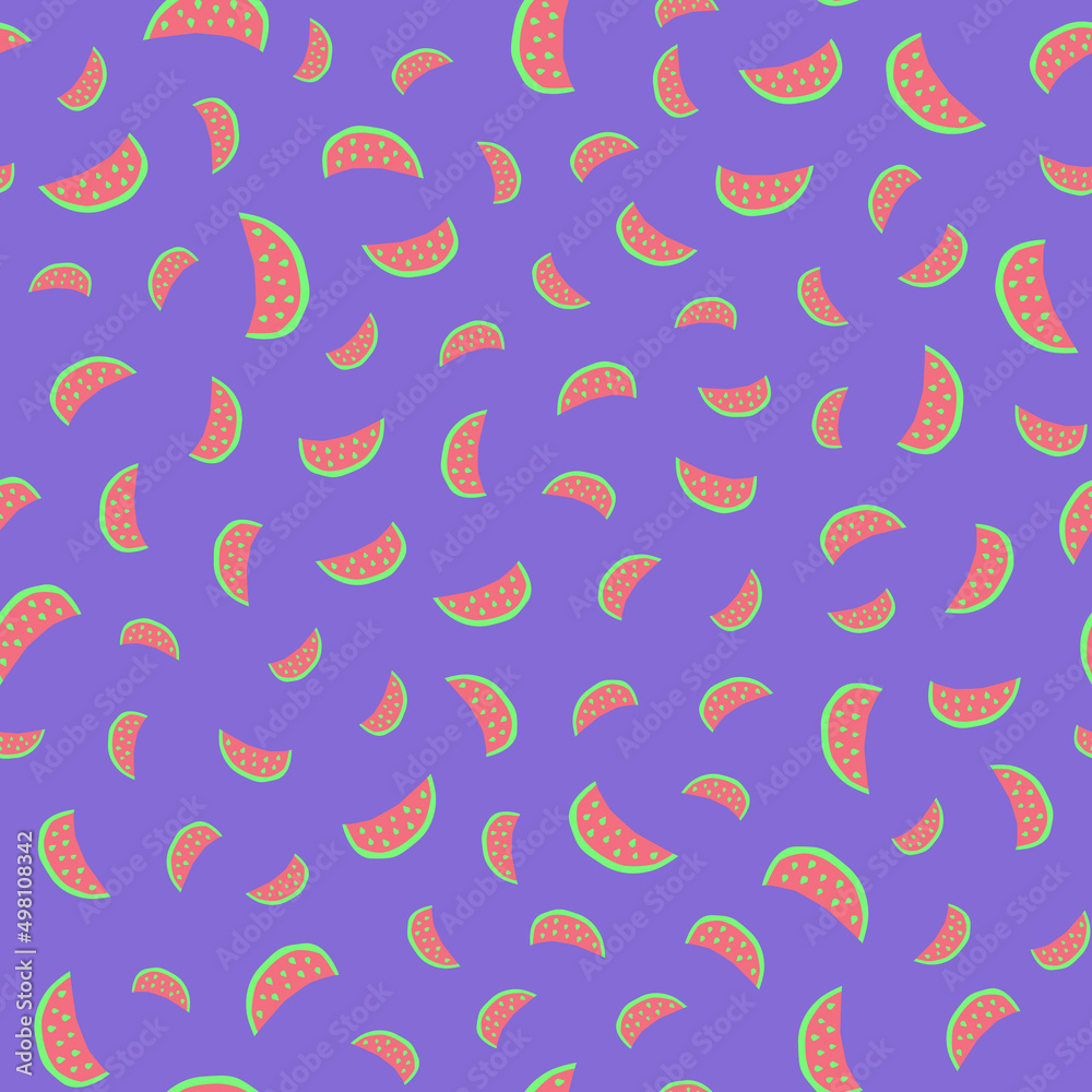 Pattern with slices of watermelon on a purple background.
