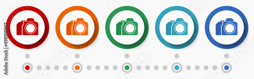 Photo camera concept vector icon set, infographic template, flat design colorful web buttons in 5 color options
