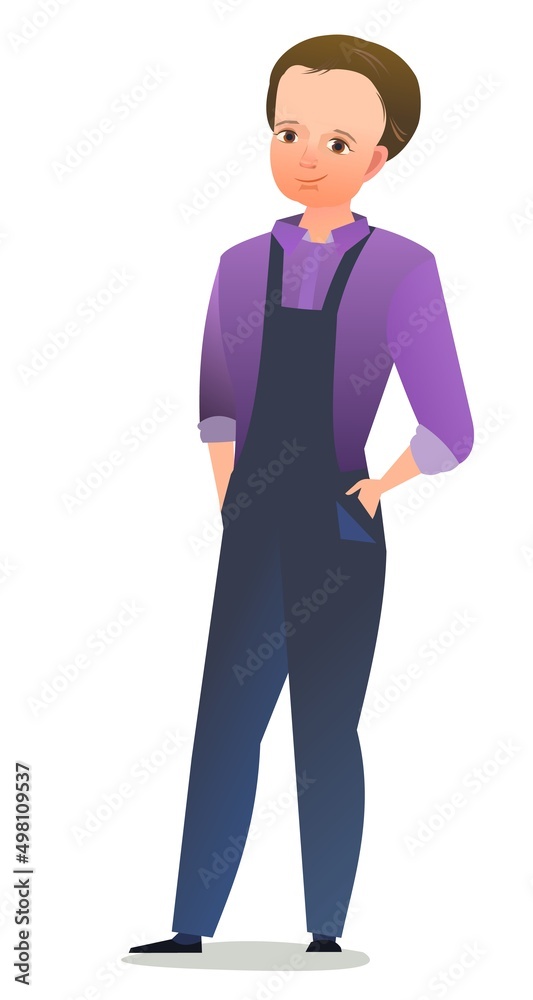 Little boy craftsman. Teen in apron. Master in workwear. Cheerful person. Standing pose. Cartoon comic style flat design. Single character. Illustration isolated on white background. Vector