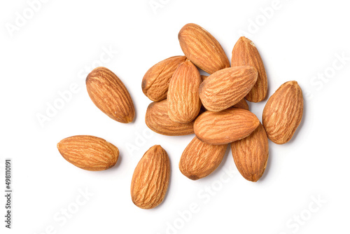 Flat lay (top view) of Almond nuts on white background.