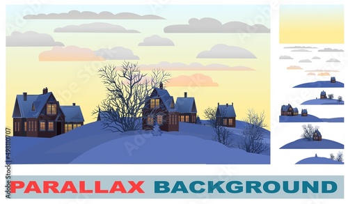 Village. Set for parallax effect. Rural houses in winter. Christmas Evening. Quiet frosty evening. Gable roof is covered with snow. Nice and cozy countryside landscape. Flat cartoon style. Vector art