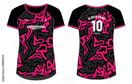 Camouflage pattern Women Sports Jersey t-shirt design flat sketch Illustration, round Neck t shirt for and Ladies Volleyball jersey, Football, Soccer, netball and tennis, Sport uniform kit for sports