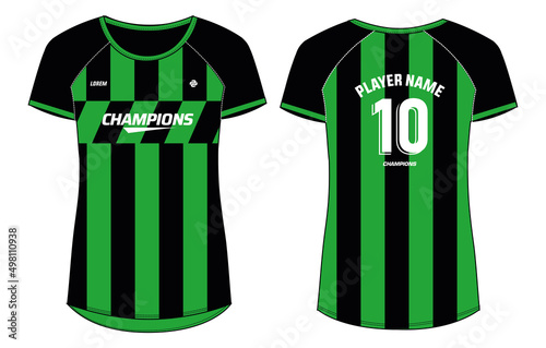 Women Sports Jersey t-shirt design flat sketch Illustration, Striped pattern round Neck t shirt for girls and Ladies Volleyball jersey, Football, badminton, Soccer, netball. Sport uniform kit