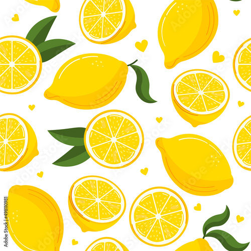 Seamless pattern of fresh yellow lemon fruit with green leaves, slices isolated on white background. Vector flat illustration. The print is well suited for textiles, Wallpaper and packaging