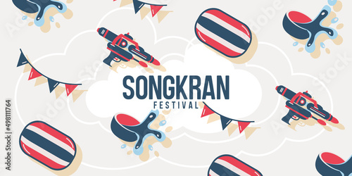 Songkran festival banner background, observed on April 13 every year to celebrated Thai New Year's national holiday. Water gun, flag, and bowl icon vector illustration.