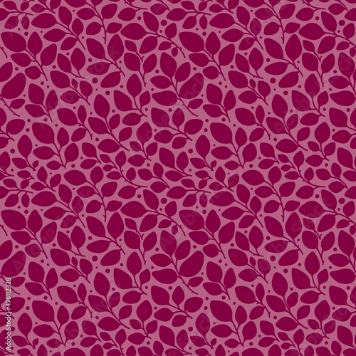 Monochrome pink floral seamless pattern with magenta leaves and dots