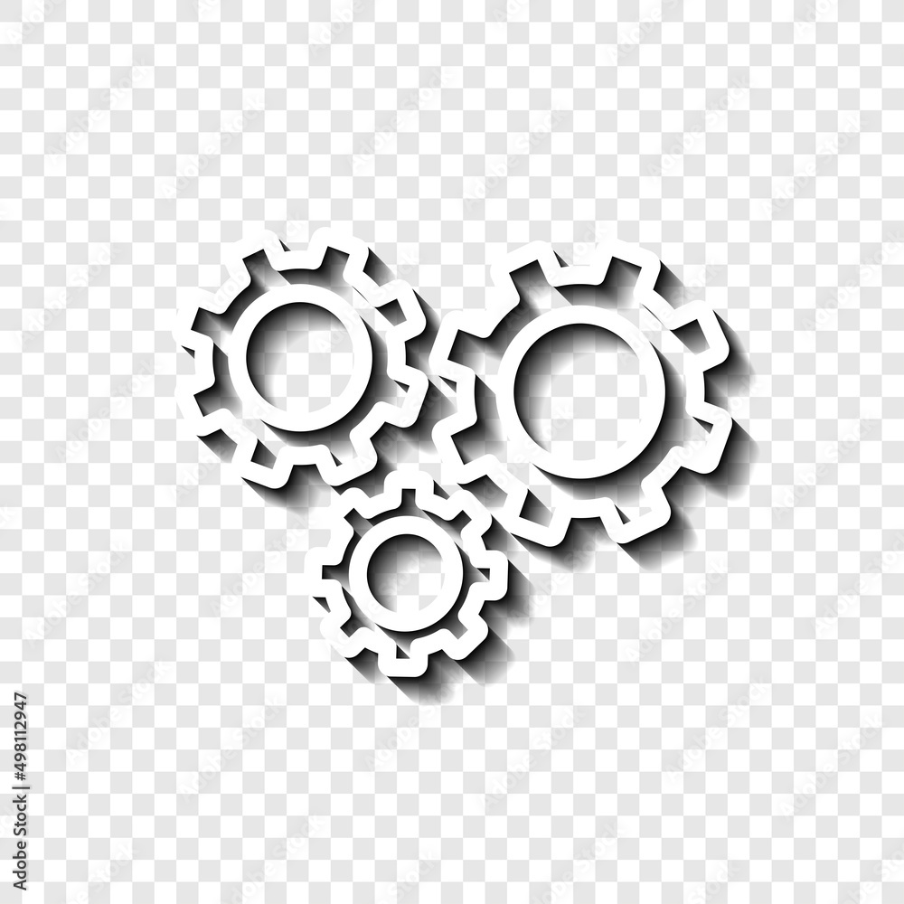 Gears simple icon vector. Flat desing. White with shadow on transparent grid.ai Gears simple icon vector. Flat desing. White with shadow on transparent grid.ai