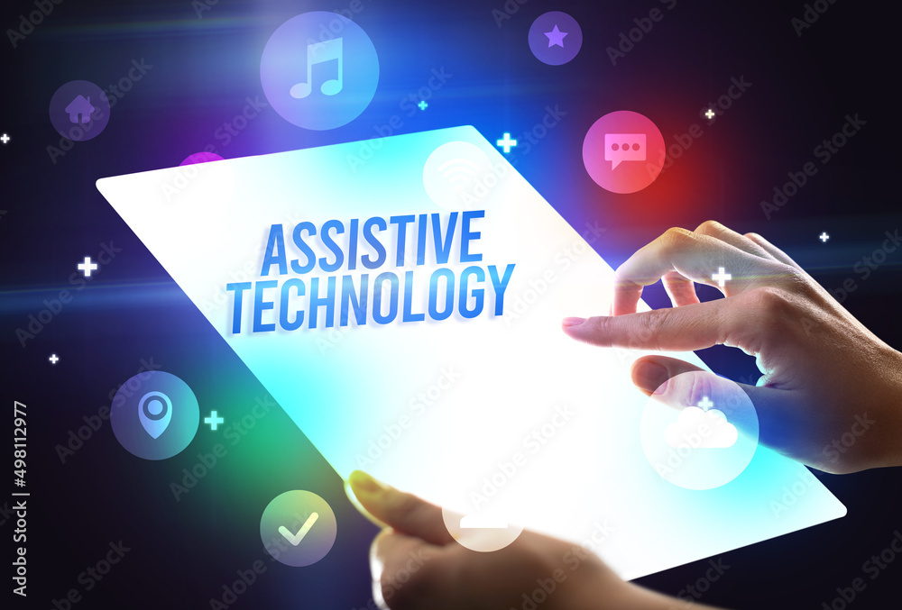 Holding futuristic tablet, new media concept Holding futuristic tablet, new media concept