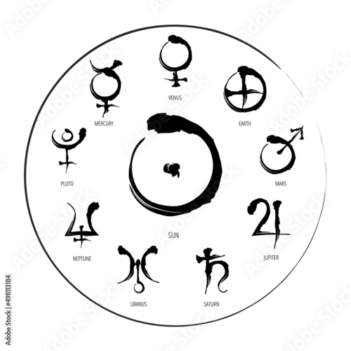 Table Of Astrology Symbols: Hand Drawn Planet Hieroglyph in circle