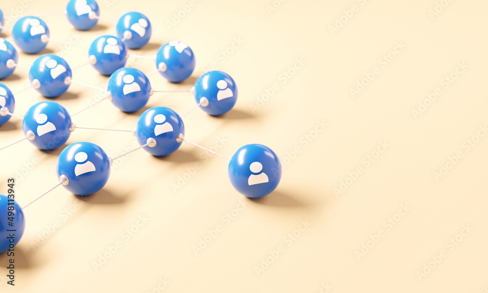 Connecting people and communication concept, social network. People icon connected together on blue background. Teamwork, 3d render. Copy space. Connecting people and communication concept, social network. People icon connected together on blue background. Teamwork, 3d render. Copy space.