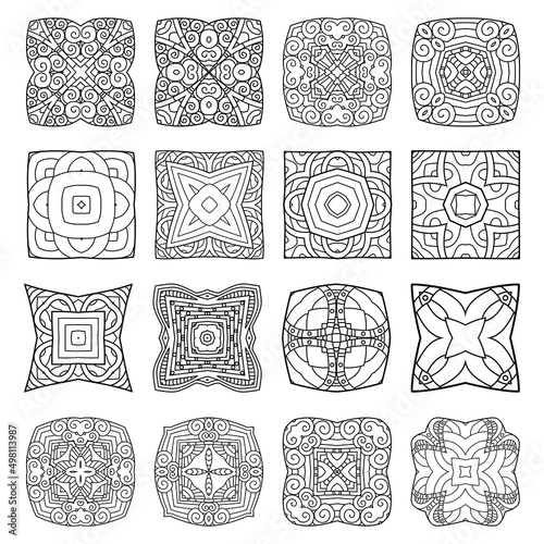 Collection of abstract square patterns with geometry elements, Decor tile, mosaic. Vector illustration for traditional pottery tiling, fabric, wall interior, cloth