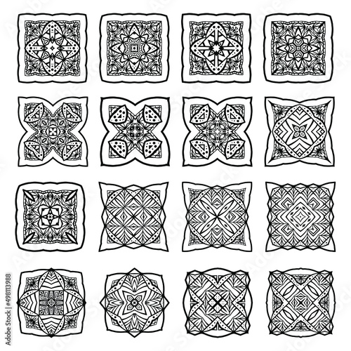 Collection of abstract square patterns with geometry elements, Decor tile, mosaic. Vector illustration for traditional pottery tiling, fabric, wall interior, cloth
