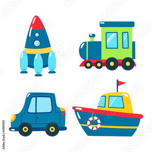 Set of vector illustrations of kids toys different types of cartoon transport