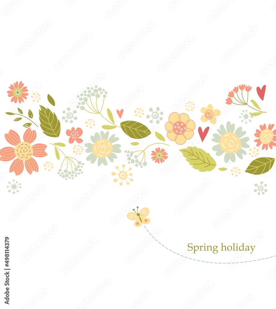 Greeting card with flowers and green grass on white background.