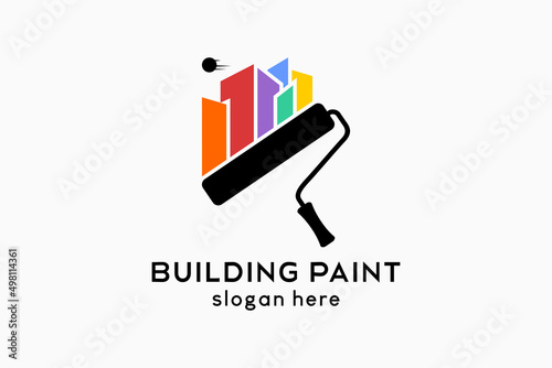 Wall paint or building paint logo design, a roll brush silhouette combined with a building icon in rainbow colors