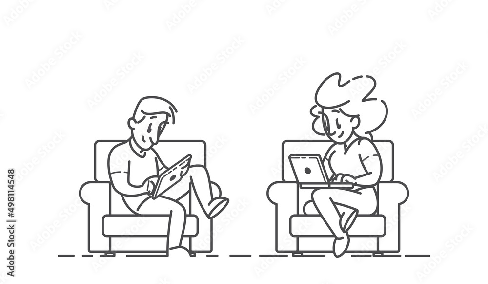 Guy and girl using a tablet and laptop sitting on their home sofa