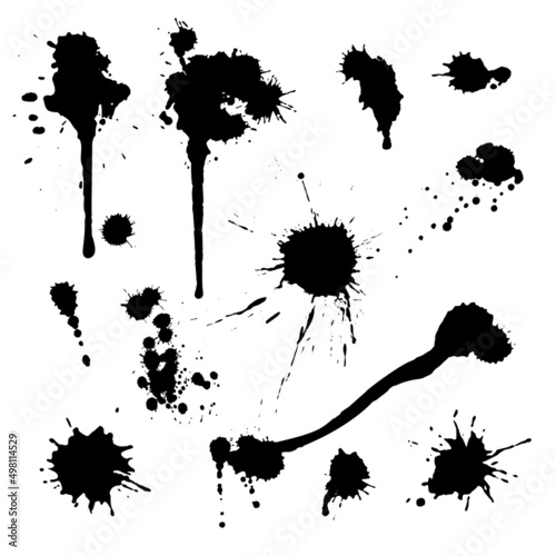 Drip splash paint. Graffity template with black paint ink splashes. Abstract vector elements. Splatter black ink brush. Vintage spray drop effect